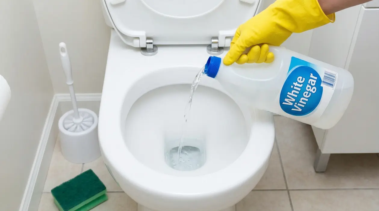 Una mano con guanto giallo versa aceto bianco nel water per la pulizia