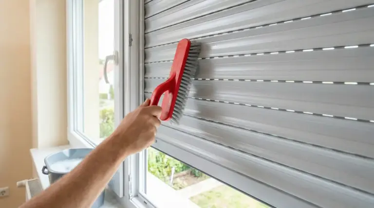 Una persona pulisce una tapparella con una spazzola a setole rigide dall'interno della finestra.