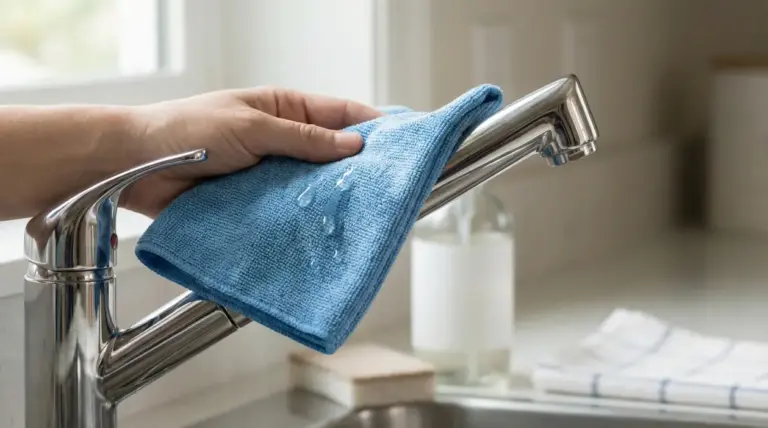 Mano che pulisce un rubinetto in acciaio con un panno umido blu