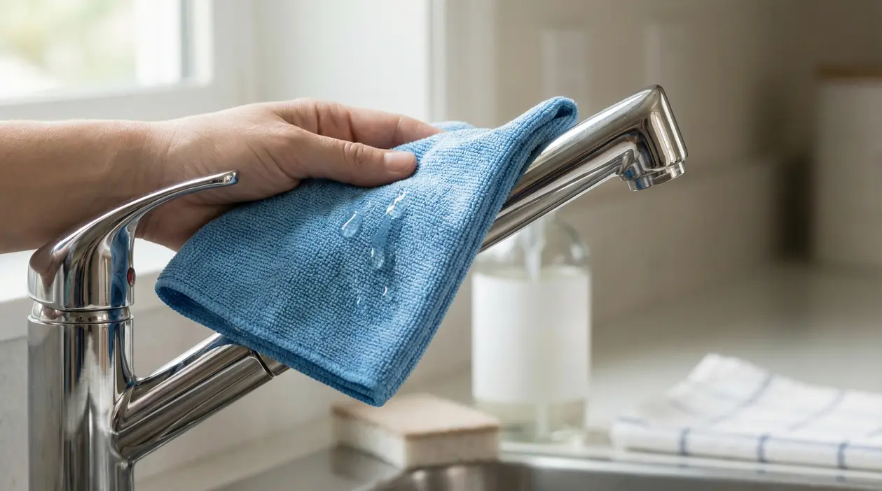 Mano che pulisce un rubinetto in acciaio con un panno umido blu