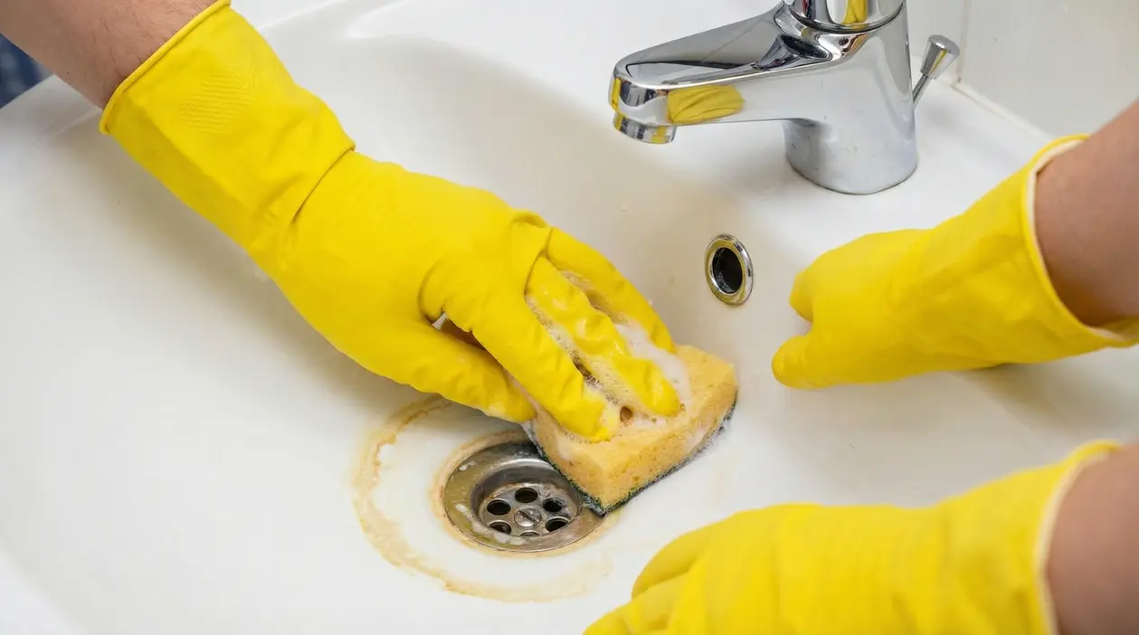 Mani con guanti gialli puliscono un lavandino con una spugna per rimuovere il calcare