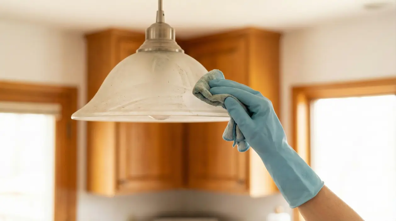 Persona con guanto in gomma pulisce una lampada sospesa con un panno