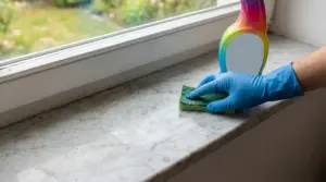 Una mano con guanto pulisce un davanzale in marmo con una spugna verde