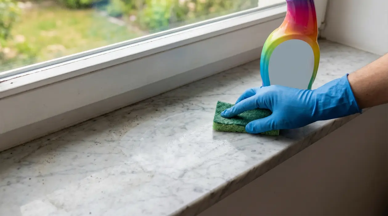 Una mano con guanto pulisce un davanzale in marmo con una spugna verde