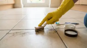 Persona che pulisce le fughe del pavimento con una spazzola e un prodotto bianco