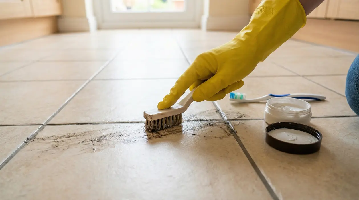 Persona che pulisce le fughe del pavimento con una spazzola e un prodotto bianco