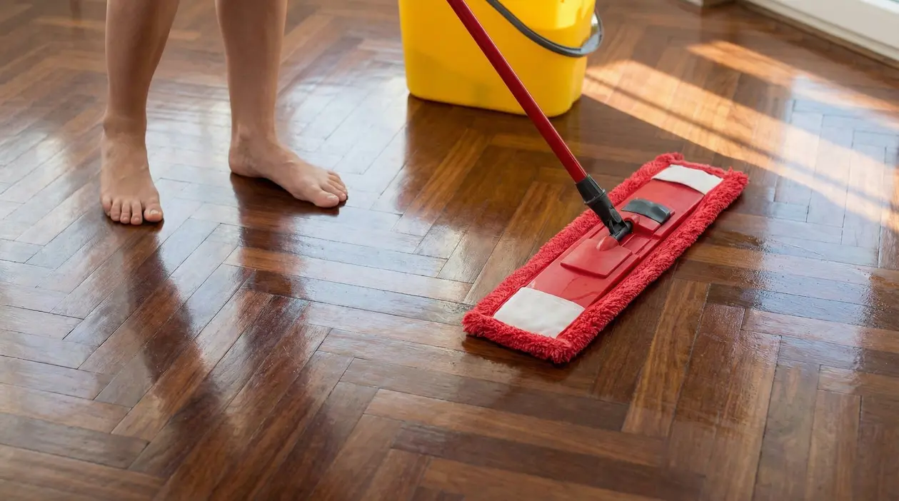 Una persona pulisce il parquet con un panno rosso vicino a un secchio giallo
