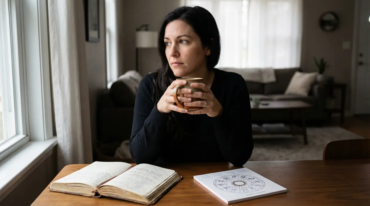 Una persona seduta a un tavolo con una tazza in mano e un libro di astrologia davanti