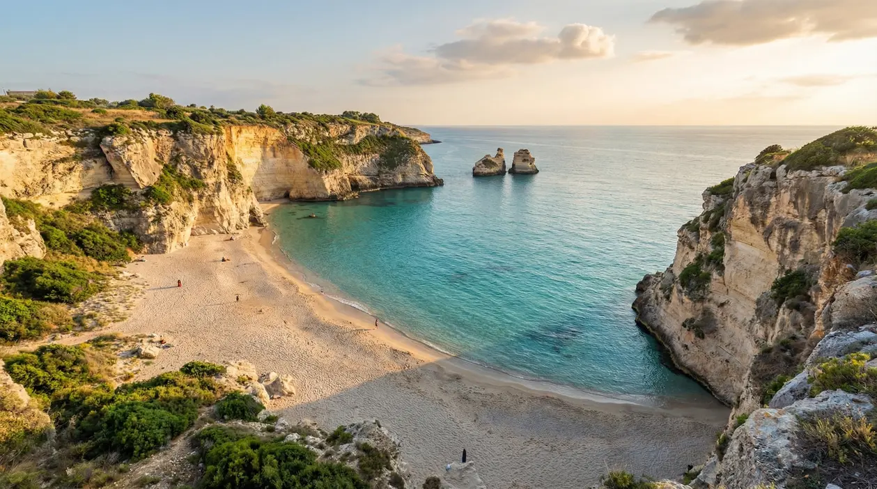 Spiaggia sabbiosa circondata da alte scogliere e mare cristallino in Puglia al tramonto