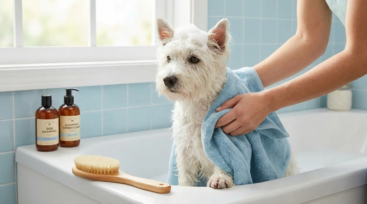 Un cane bagnato avvolto in un asciugamano blu dopo il bagno in una vasca da bagno