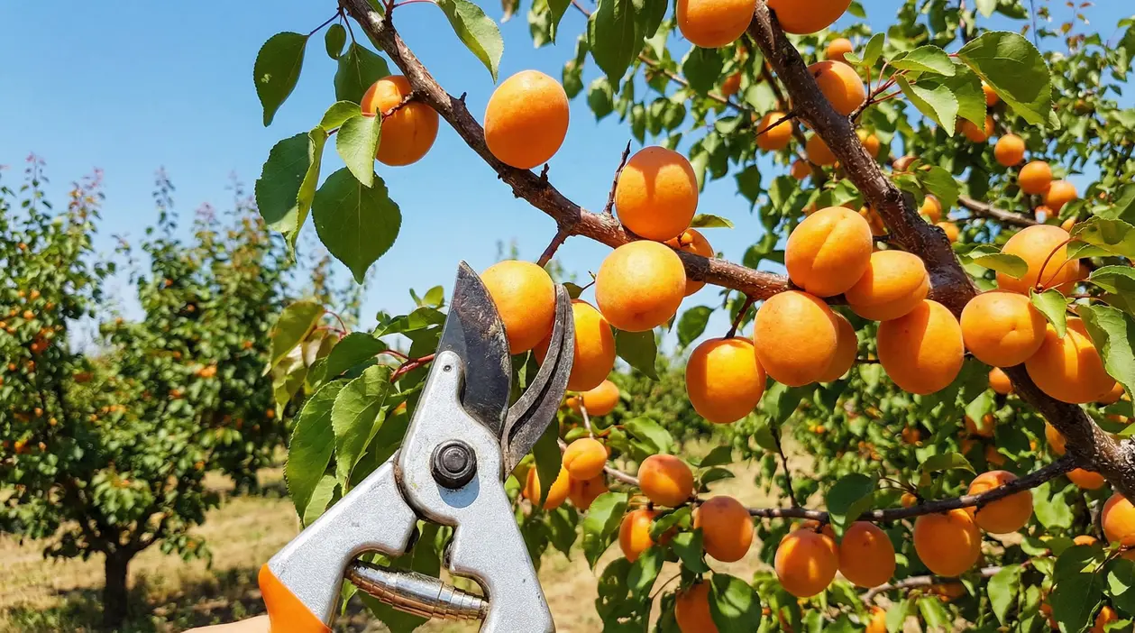 Ramo di albicocco carico di frutti maturi con forbici da potatura in primo piano
