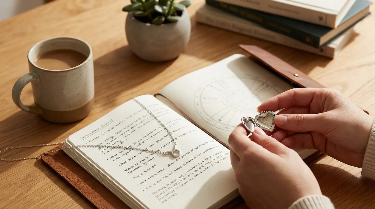 Mani che tengono un ciondolo a cuore sopra un diario con tema astrologico