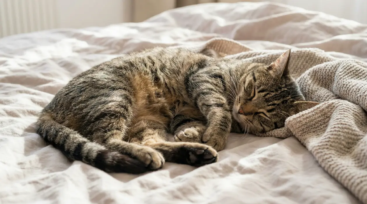 Gatto tigrato che dorme profondamente su un letto con una coperta chiara