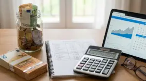 Risparmi in euro con calcolatrice, quaderno e grafici finanziari su tablet per pianificare il pensionamento anticipato
