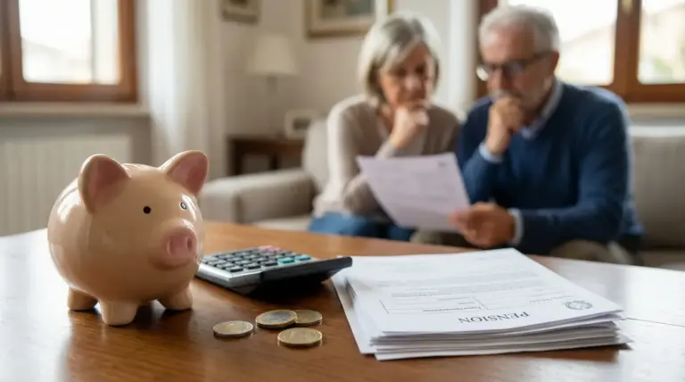 Due persone esaminano documenti pensionistici vicino a un salvadanaio e monete su un tavolo