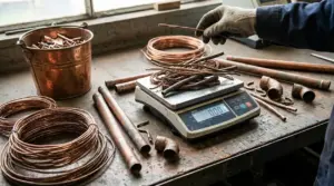 Rottami di rame vecchio pesati su una bilancia in officina, tra fili e tubi di recupero