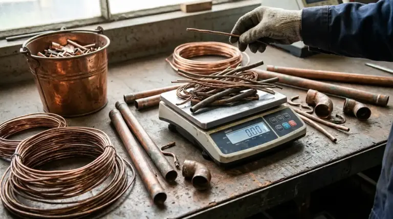 Rottami di rame vecchio pesati su una bilancia in officina, tra fili e tubi di recupero