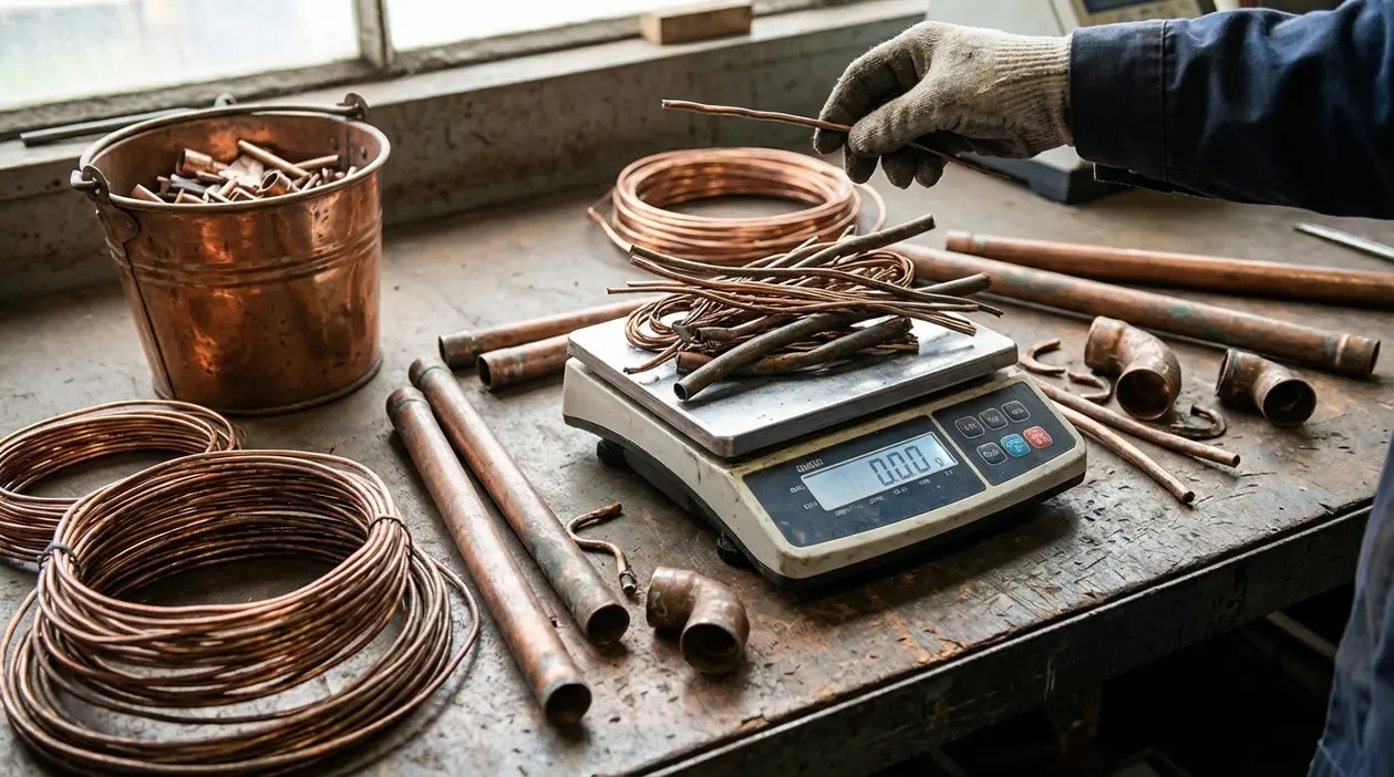 Rottami di rame vecchio pesati su una bilancia in officina, tra fili e tubi di recupero