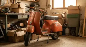 Vespa d’epoca rossa in un garage-officina con scatole e attrezzi, appoggiata sul cavalletto
