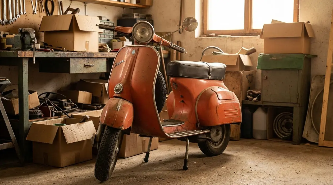 Vespa d’epoca rossa in un garage-officina con scatole e attrezzi, appoggiata sul cavalletto