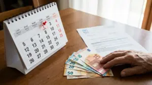 Calendario da tavolo con mese di luglio e una mano che conta banconote in euro accanto a un documento INPS