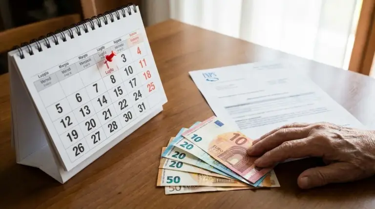 Calendario da tavolo con mese di luglio e una mano che conta banconote in euro accanto a un documento INPS