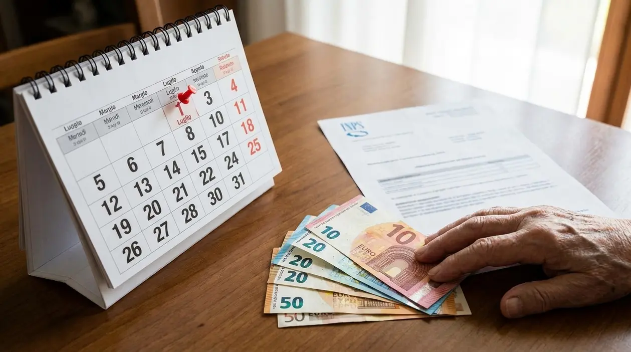 Calendario da tavolo con mese di luglio e una mano che conta banconote in euro accanto a un documento INPS