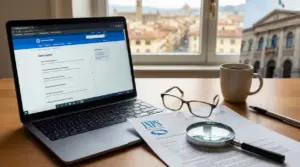 Portatile con pagina istituzionale e documenti INPS su scrivania, con lente d’ingrandimento e occhiali