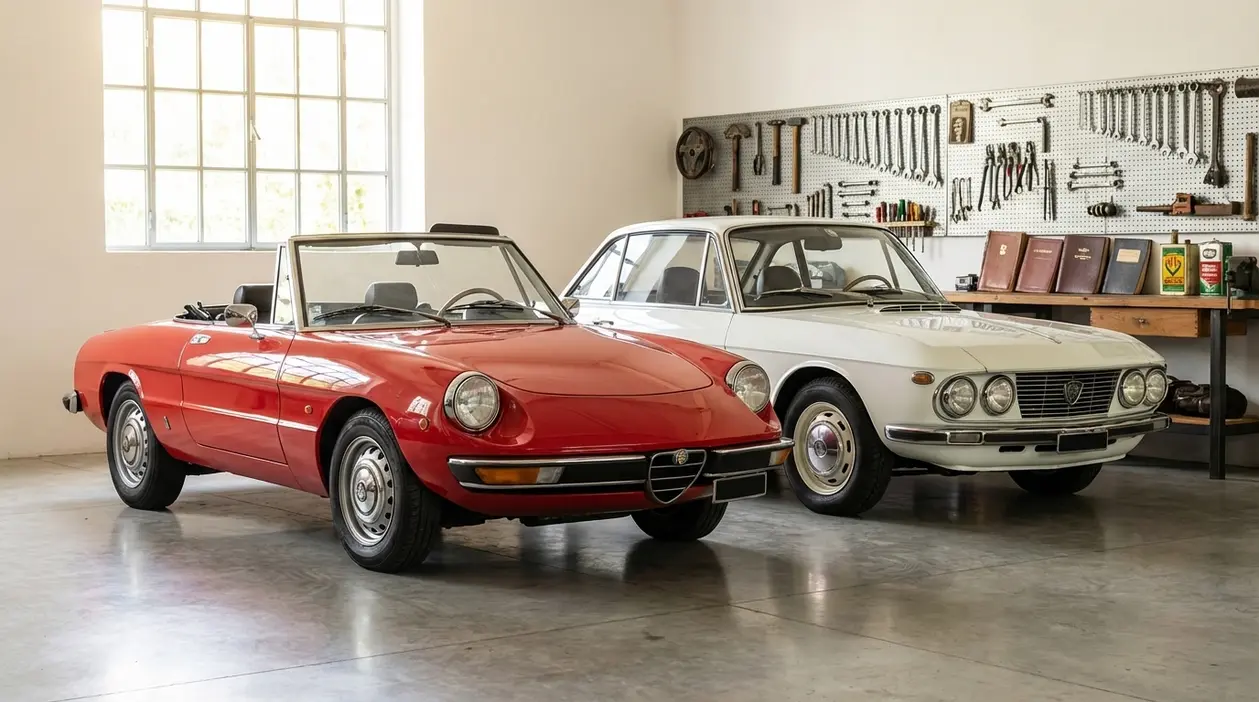 Due auto d’epoca in garage, una cabrio rossa e una coupé bianca, fotografate in un’officina luminosa