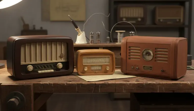 Tre radio a valvole vintage su un banco da lavoro, con valvole e attrezzi da riparazione sullo sfondo