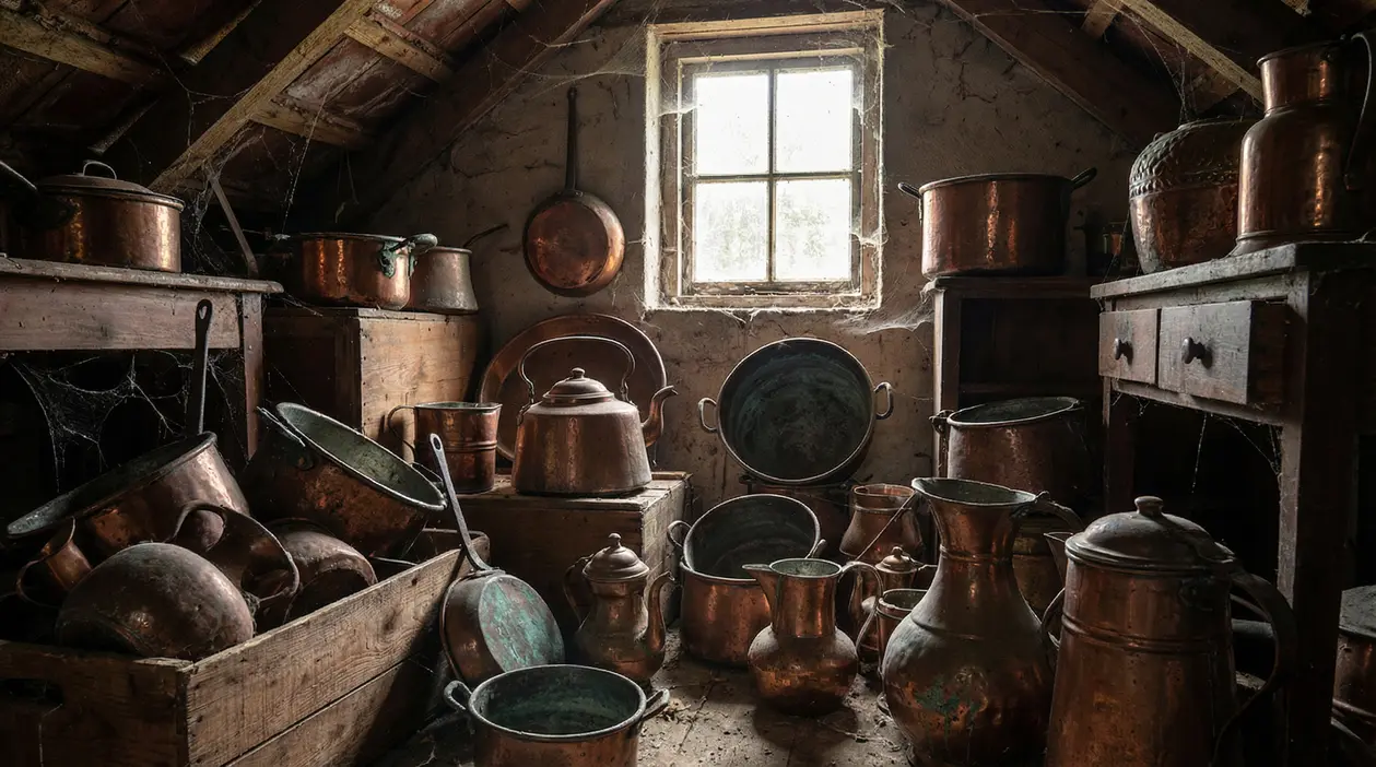 Pentole e utensili in rame ossidato dimenticati in una soffitta polverosa, con luce dalla finestra