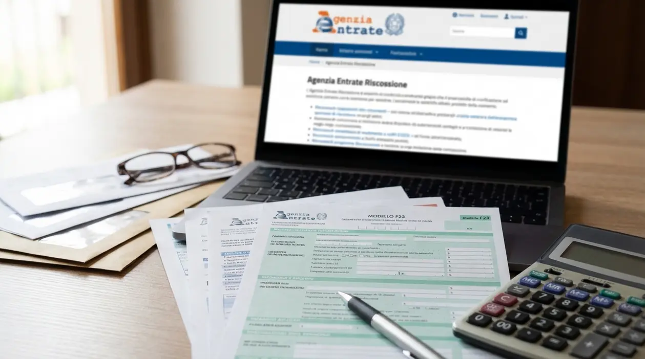 Laptop con sito Agenzia Entrate Riscossione, moduli fiscali e calcolatrice su una scrivania