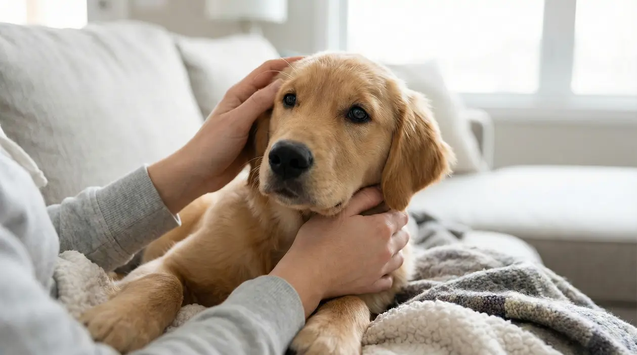 Cane coccolato da una persona sul divano in un momento affettuoso