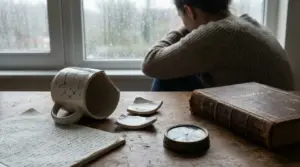 Persona seduta vicino a una finestra in una giornata di pioggia con oggetti astrologici su un tavolo