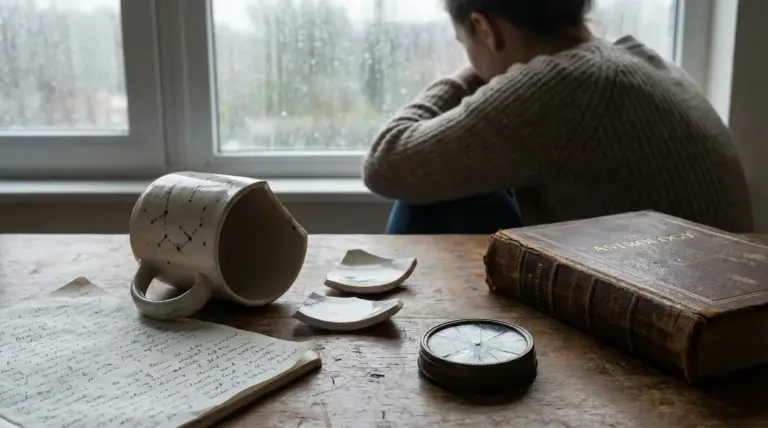 Persona seduta vicino a una finestra in una giornata di pioggia con oggetti astrologici su un tavolo