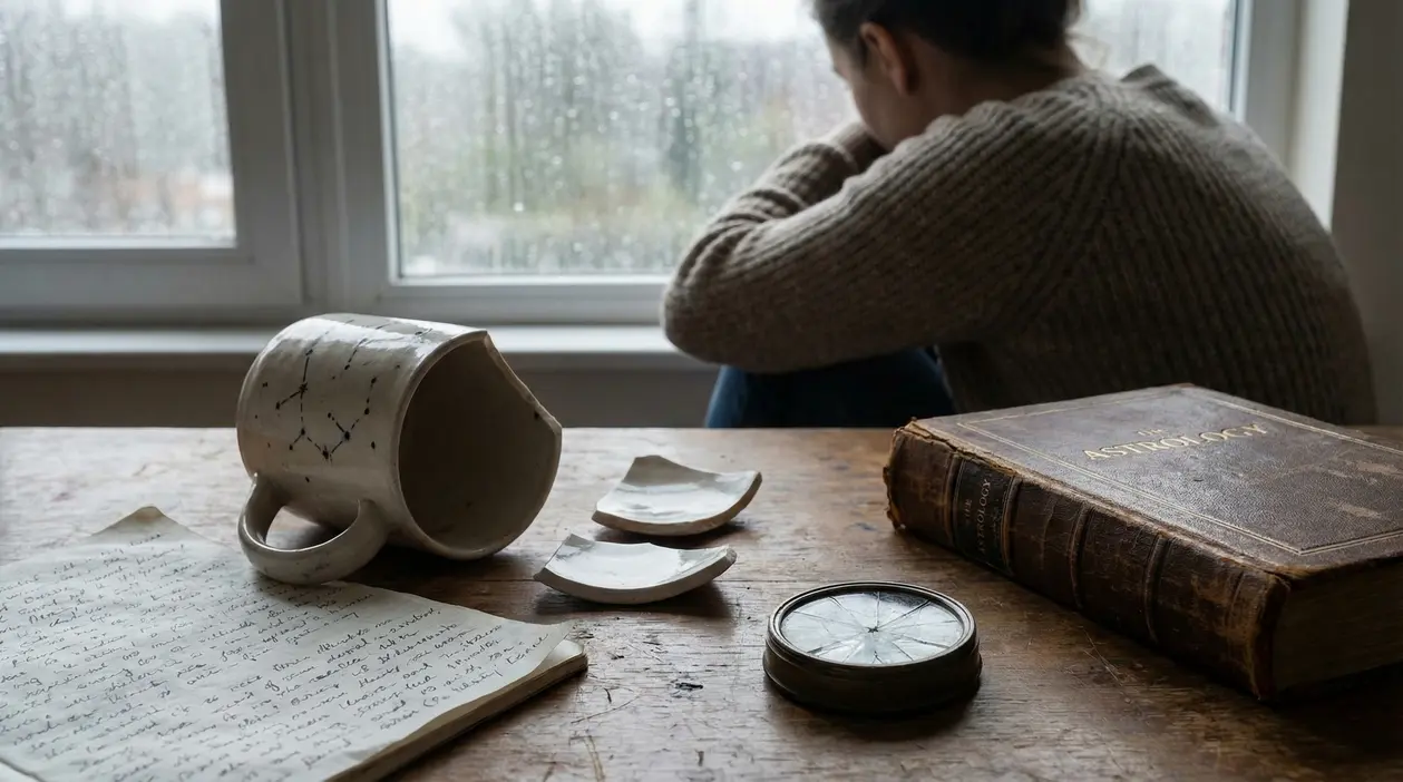Persona seduta vicino a una finestra in una giornata di pioggia con oggetti astrologici su un tavolo