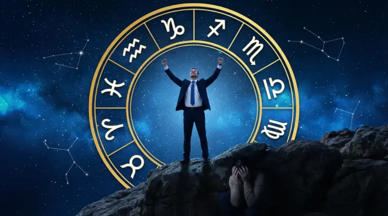 Due persone davanti a un cerchio zodiacale, una esulta e l'altra si copre il viso