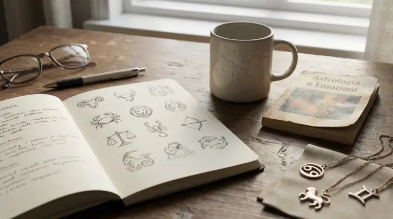 Taccuino con simboli zodiacali, libri, tazza e collane su un tavolo di legno