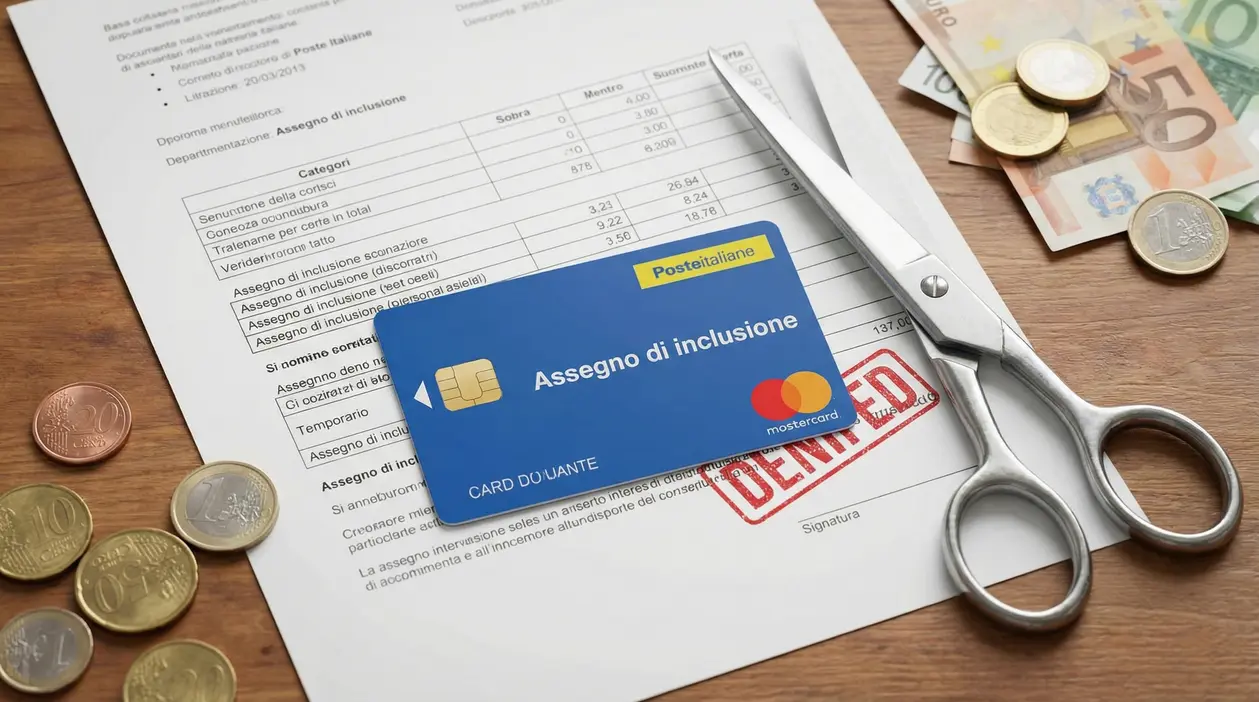 Carta Assegno di inclusione su un documento rifiutato, con forbici e monete sul tavolo