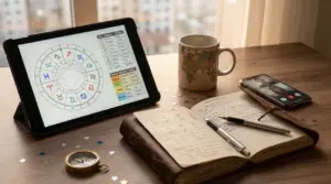 Oroscopo su tablet, taccuino con simboli zodiacali, tazza e smartphone con videochiamata su tavolo di legno