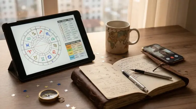 Oroscopo su tablet, taccuino con simboli zodiacali, tazza e smartphone con videochiamata su tavolo di legno