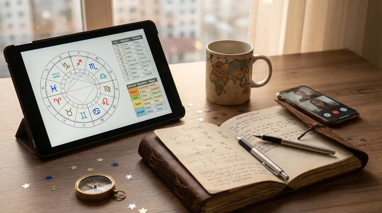 Oroscopo su tablet, taccuino con simboli zodiacali, tazza e smartphone con videochiamata su tavolo di legno