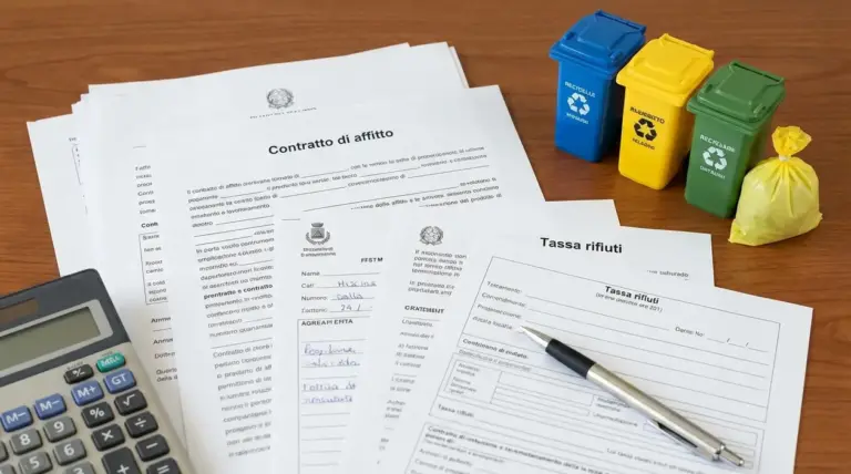Contratto di affitto e modulo per la tassa rifiuti su scrivania, con calcolatrice, penna e bidoni della raccolta differenziata