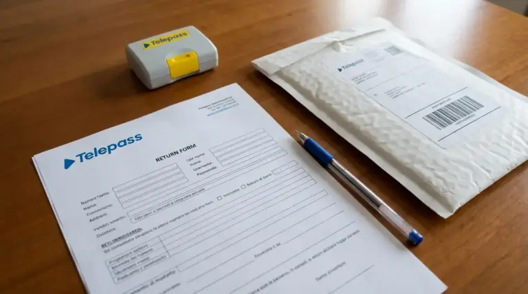 Dispositivo Telepass, modulo di restituzione e busta per spedizione su un tavolo