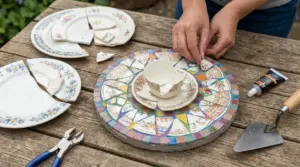 Mani che creano un mosaico con piatti sbeccati e tazzina rotta su tavolo di legno
