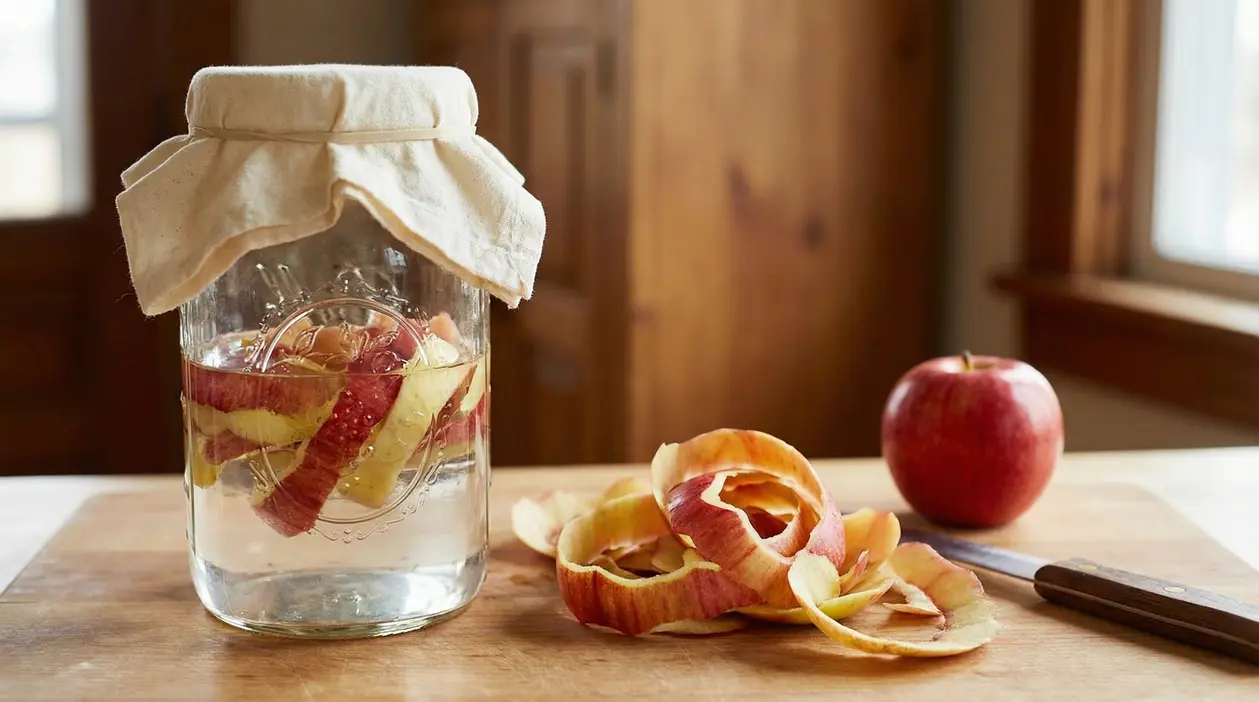 Barattolo con bucce di mela immerse in acqua su un tavolo di legno