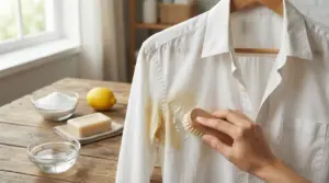 Persona che rimuove una macchia gialla di sudore da una camicia bianca con una spazzola