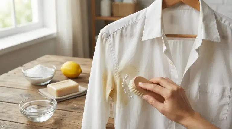 Persona che rimuove una macchia gialla di sudore da una camicia bianca con una spazzola