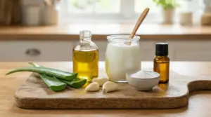 Ingredienti naturali come aloe vera, aglio, yogurt, oli e bicarbonato su un tagliere di legno