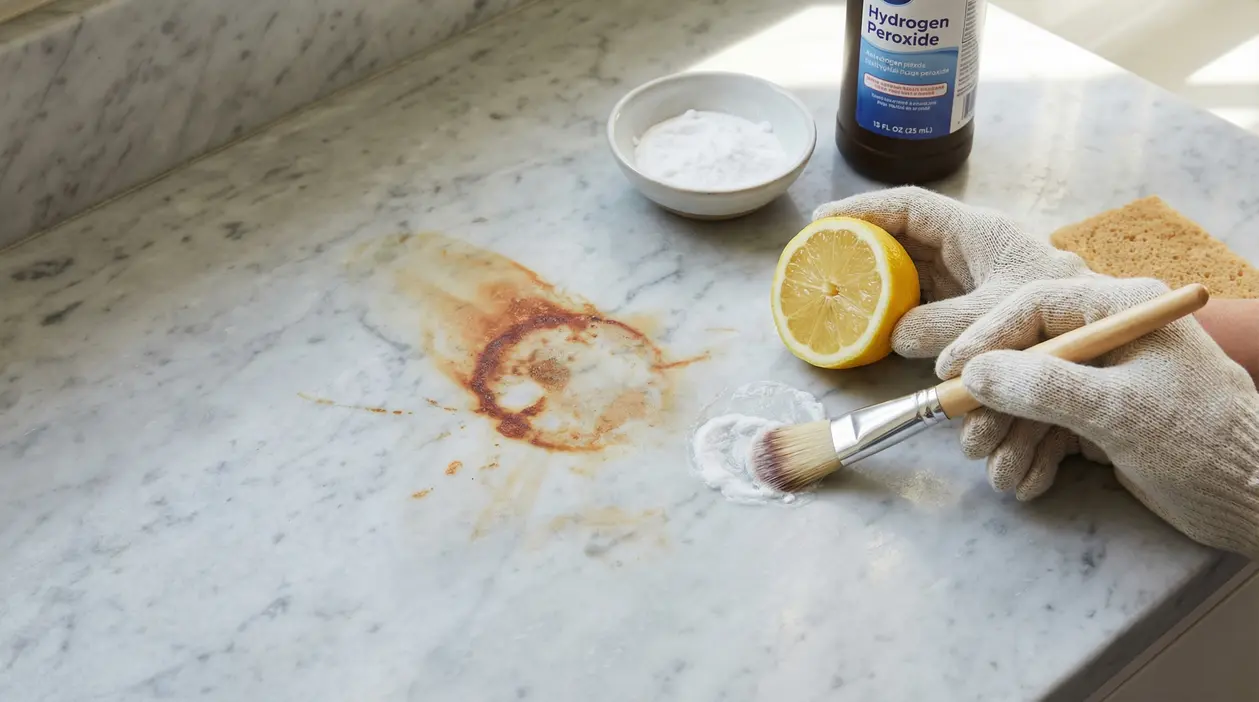 Ruggine su superficie in marmo trattata con limone, bicarbonato e pennello